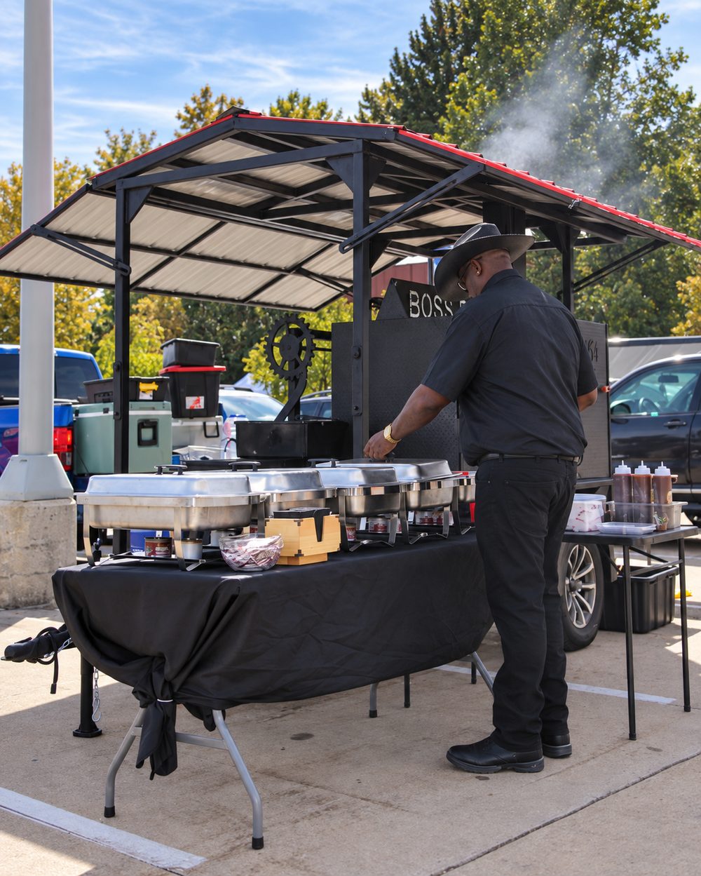Chef tending a barbecue buffet beside a smoker under a canopy at an outdoor tailgate.