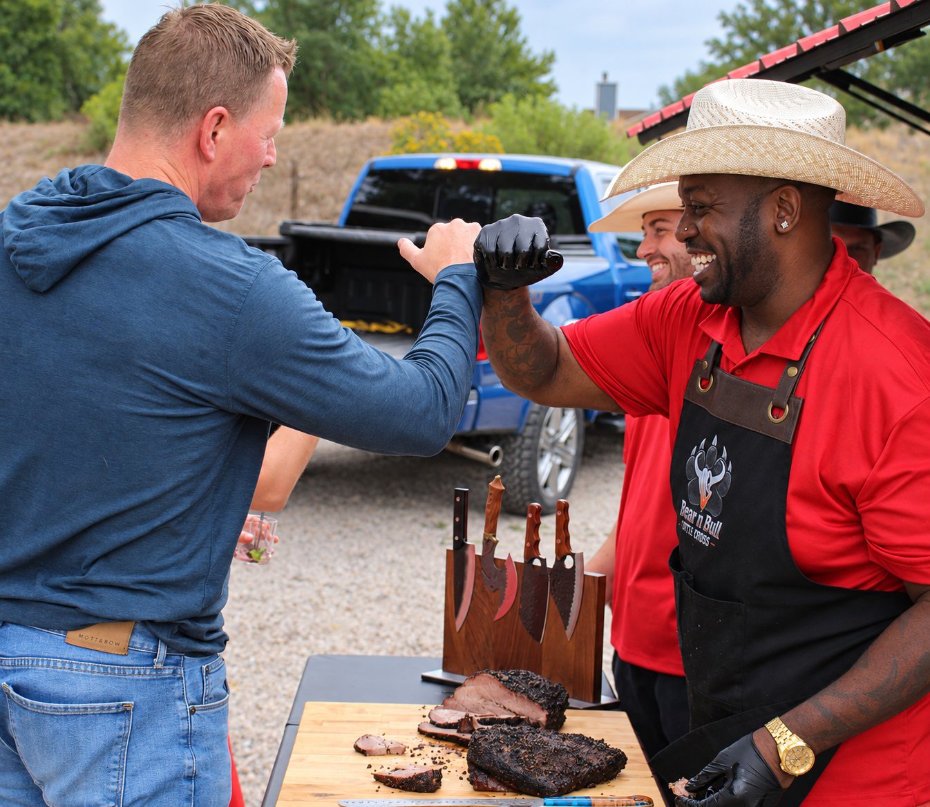 Bear n Bull team members sharing a fist bump over fresh-carved smoked brisket and a knife display at an event.