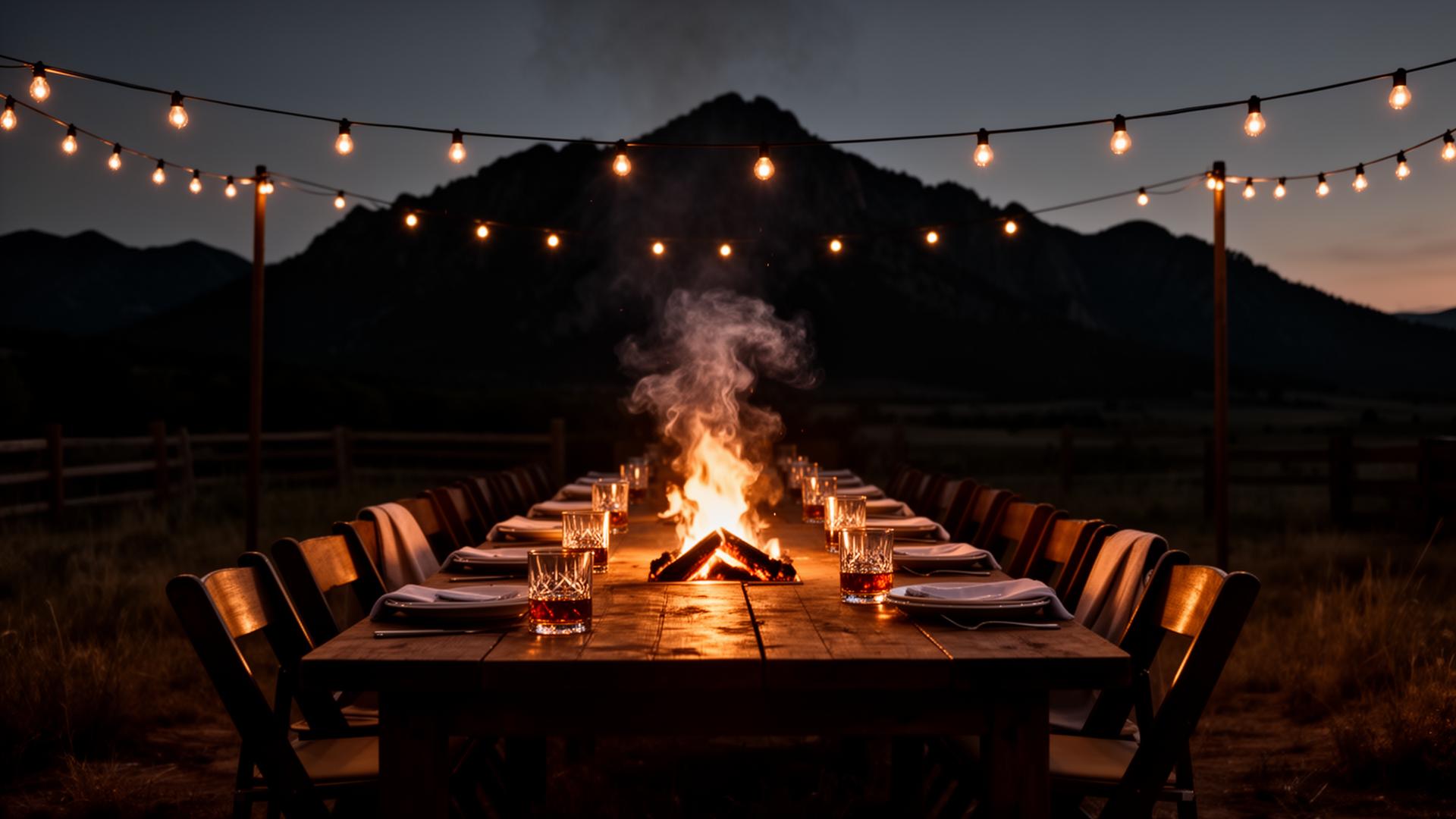 Long ranch table at dusk under string lights with Colorado mountains in the background