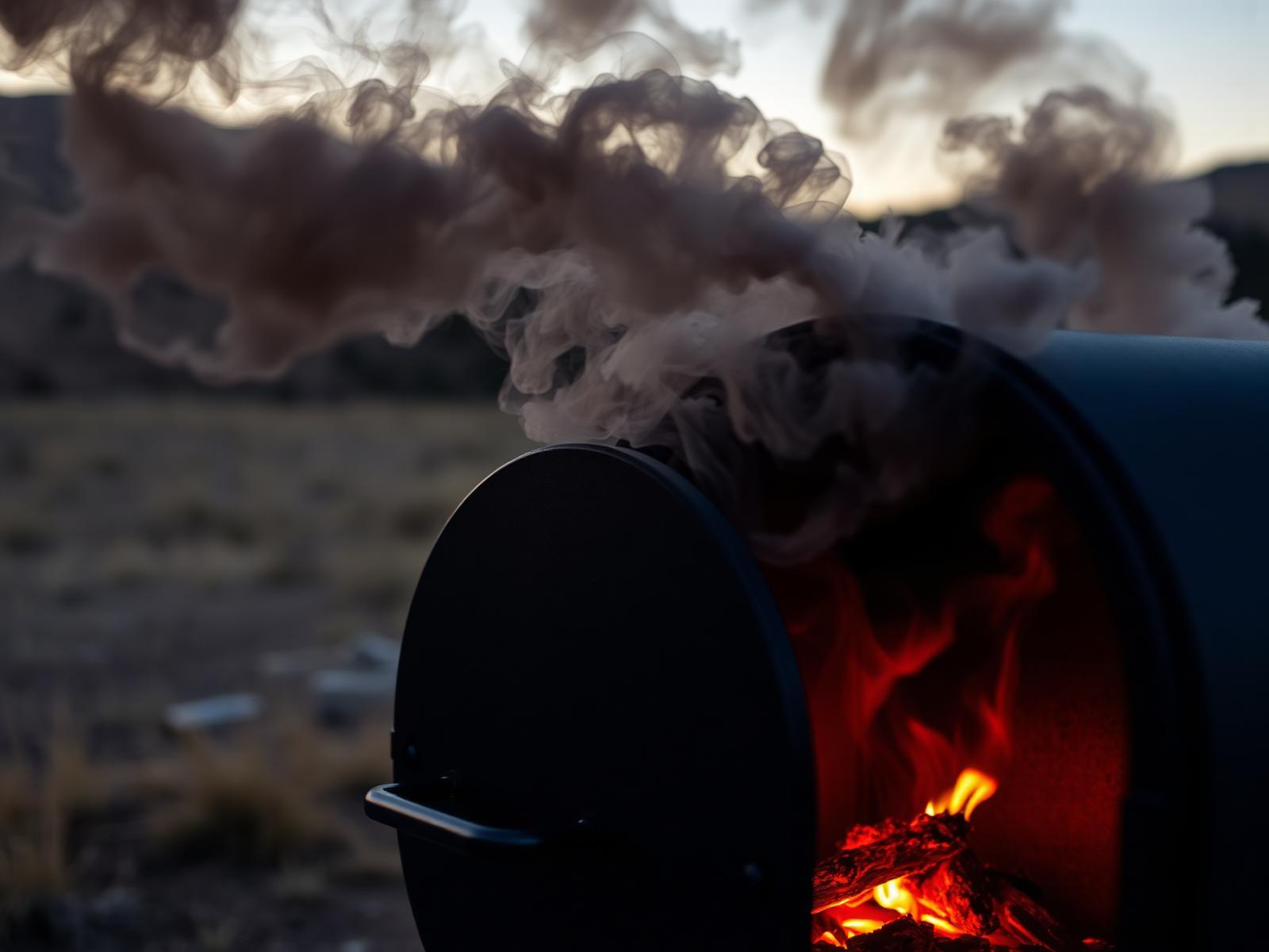 Smoker with embers glowing at dusk